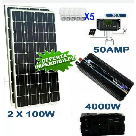 Kit Fotovoltaico 2 Kw Giornaliero Pwm Inverter 4000w Isola Solare Pannello 100 W