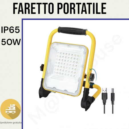 FARO LED RICARICABILE 50W FARETTO BATTERIE IP65 LUCE FREDDA PORTATILE DA LAVORO.