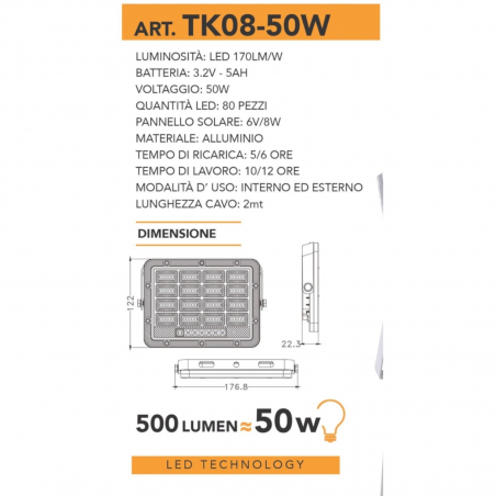 FARO LED 50W CON PANNELLO SOLARE INCLUSO GRANDE AUTONOMIA RISPARMIO GARANTITO