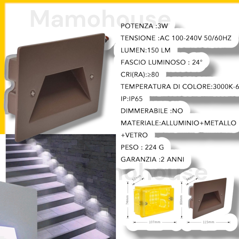 Faretto segnapassi IP65 LED 3W incasso scatola 503 scale giardino viale gradini