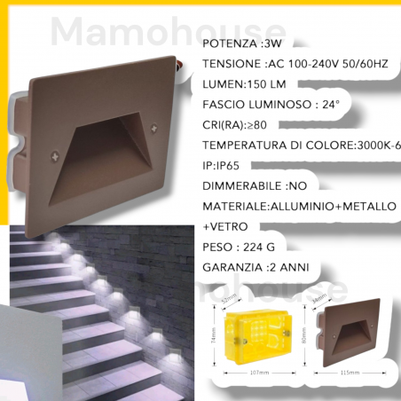 Faretto segnapassi IP65 LED 3W incasso scatola 503 scale giardino viale gradini
