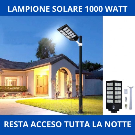 LAMPIONE STRADALE 1000W CON PANNELLO SOLARE TELECOMANDO CREPUSCOLARE + STAFFA