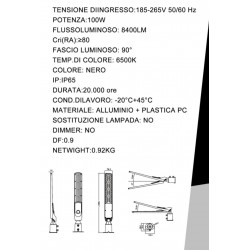 Faro lampione stradale ultra slim a led 100 watt inclinabile 90° luce 6500k IP65